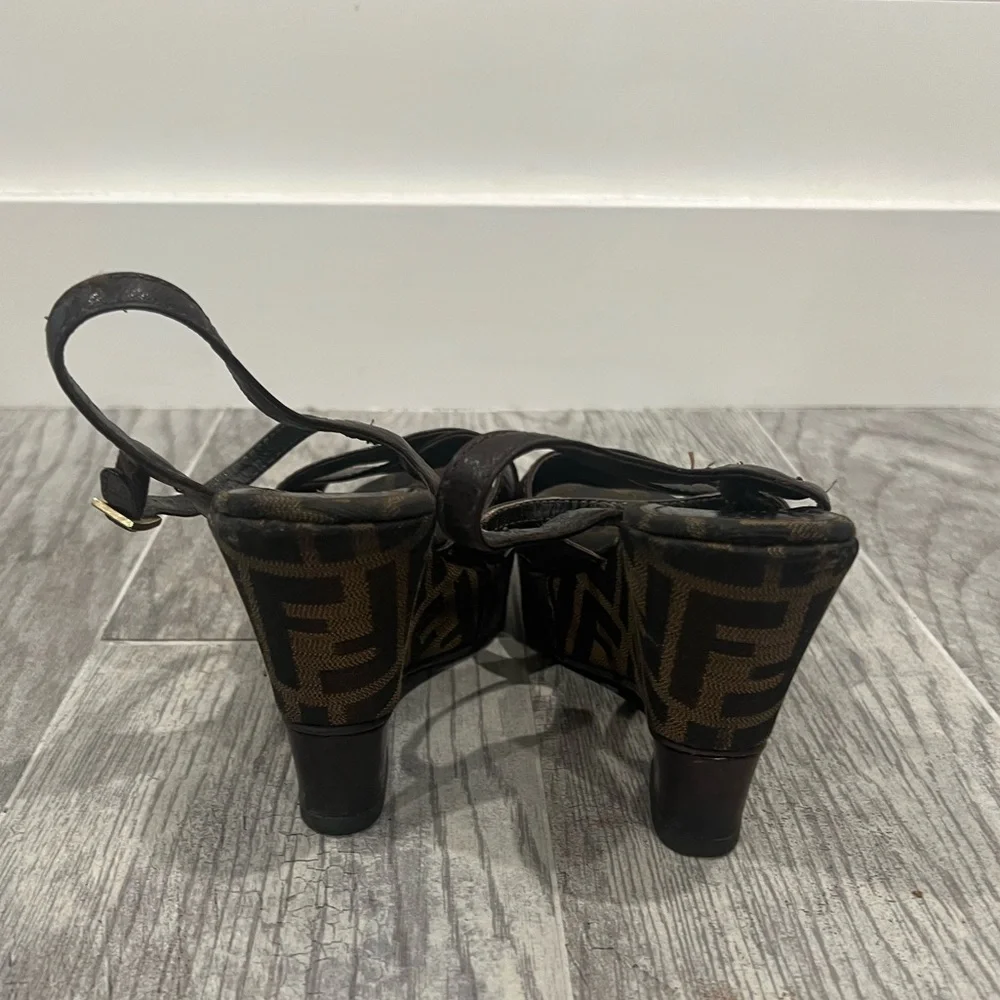 Fendi Dark Brown Monogram Wedge Sandals